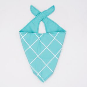 A Bandana - Teal Windowpane, featuring a white diamond pattern and an adjustable strap, displayed on a white background.