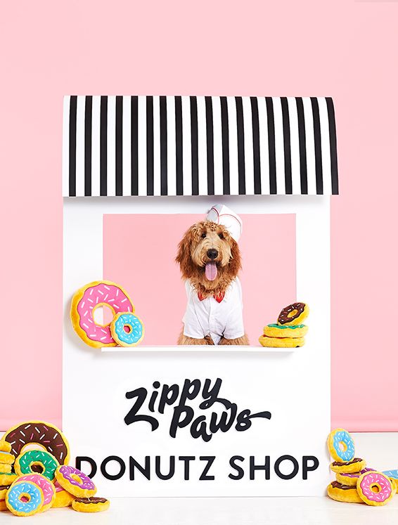 A dog dressed as a chef stands inside a mock donut shop with black and white striped awnings, with colorful toy donuts scattered around. The shop sign reads, "Zippy Paws DONUTZ SHOP.