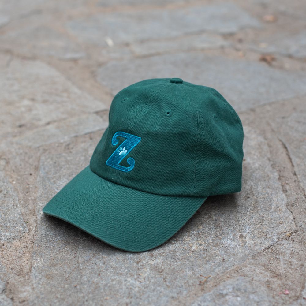 Green baseball cap with a blue "Z" logo, set on a stone surface.