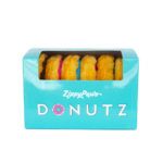 A blue box labeled "ZippyPaws Donutz" containing plush toy donuts in various colors, visible through a clear plastic window on the front of the box.