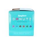 ZippyPaws Donutz dog toy packaging featuring illustrations of six no-stuffing dog toys in various flavors: strawberry, blueberry, chocolate, cherry, mint chip, and grape.
