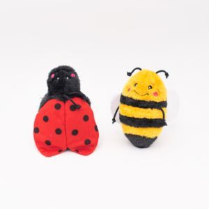 Crinkle 2-Pack (Bee and Ladybug) depicting a ladybug and a bumblebee are placed side by side against a white background. The ladybug is predominantly black with red spotted wings, and the bumblebee is yellow with black stripes.