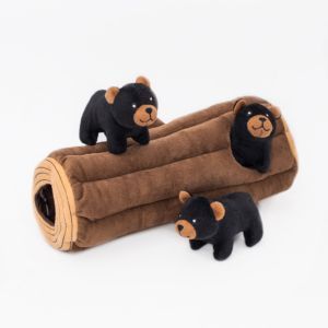 Zippy Burrow® - Black Bear Log featuring three stuffed black bears and a log-shaped plush with holes for the bears to peek out of and sit on.