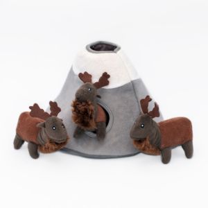 Zippy Burrow® - Elk Mountain including a grey and white plush mountain with a hole, and three small brown plush moose figures.
