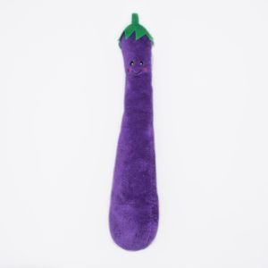 A Jigglerz® - Eggplant shaped like an eggplant with a green top and smiling face, featuring small eyes and blush marks on a white background.