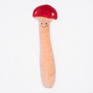A Jigglerz® - Mushroom shaped like a long, smiling mushroom with a red cap and beige stem on a white background.