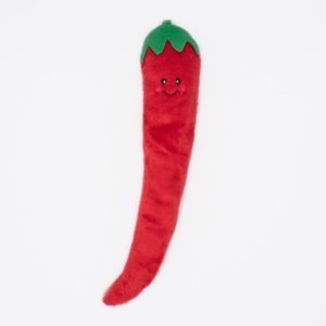 Jigglerz® - Pepper: A plush toy in the shape of a red chili pepper with a green top, featuring a smiling face and rosy cheeks.