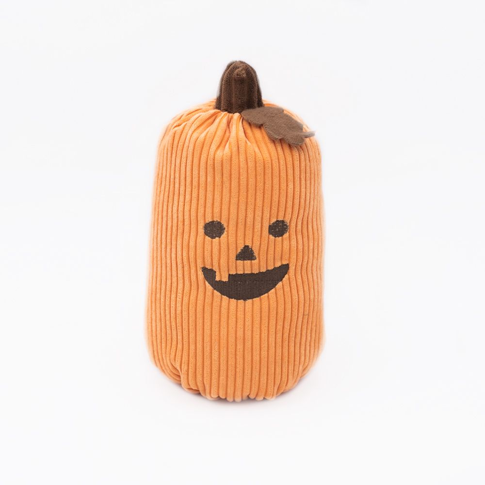 A vertical, orange, ribbed fabric Halloween Jumbo Pumpkin Orange with a smiling face and a brown stem sits on a plain white background.
