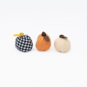 Three Halloween Miniz 3-Pack Gourds in black and white checkered, orange, and cream colors are arranged in a row against a white background.