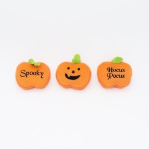 Three small Halloween Miniz 3-Pack Pumpkins are displayed in a row. The first says "Spooky," the middle one has a smiling face, and the last says "Hocus Pocus.