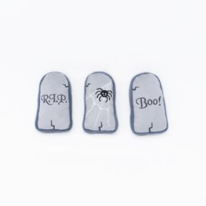 Three gray Halloween Miniz 3-Pack Tombstones, one with “R.I.P.”, one with a spider on a web, and one with “Boo!” The design is set against a plain white background.