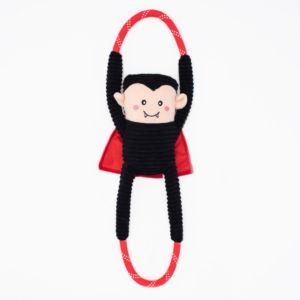 Halloween RopeTugz® - Dracula in the shape of a vampire with black hair, a red cape, and fangs, attached to a red and black looped rope for hanging or playing.