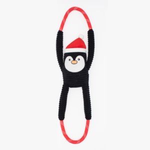 A Holiday RopeTugz® - Penguin wearing a Santa hat with long, looped red arms.