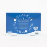 A blue box labeled "8 Nights of Hanukkah Box" with images of toys and a menorah. Text describes the contents and encourages celebrating Hanukkah with dogs. Box dimensions are listed at the bottom.