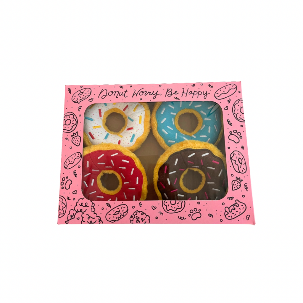 A case of four donut toys, red, brown, blue and white