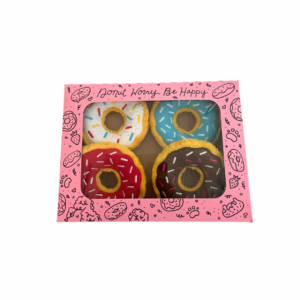 A case of four donut toys, red, brown, blue and white