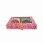 A case of four donut toys, red, brown, blue and white