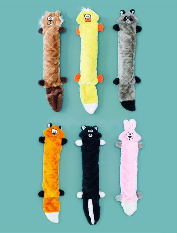 Six long plush dog toys resembling different animals arranged vertically against a teal background. The toys include a beaver, duck, raccoon, fox, skunk, and bunny.