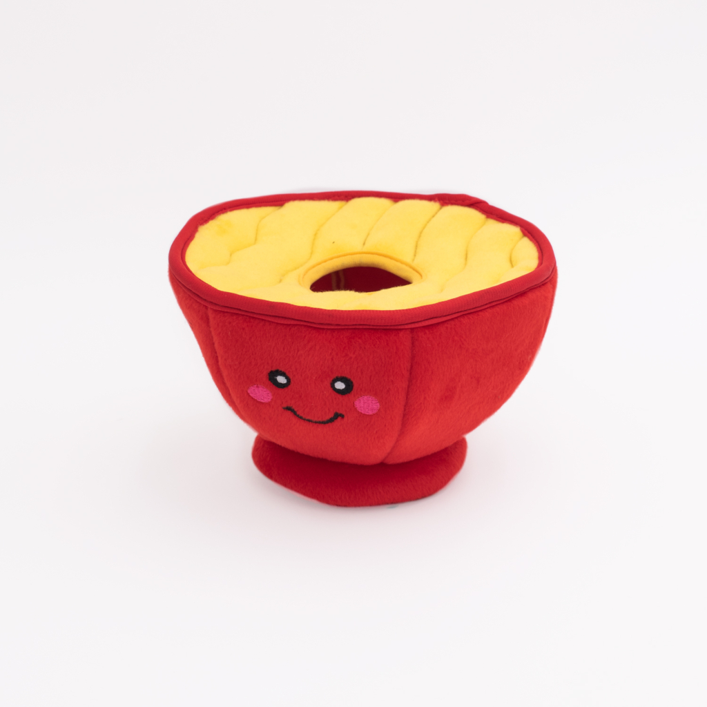 Zippy Burrow® - Ramen Bowl resembling a cheerful bowl of French fries with a smiling face on the front. The bowl is red, and the fries are yellow.