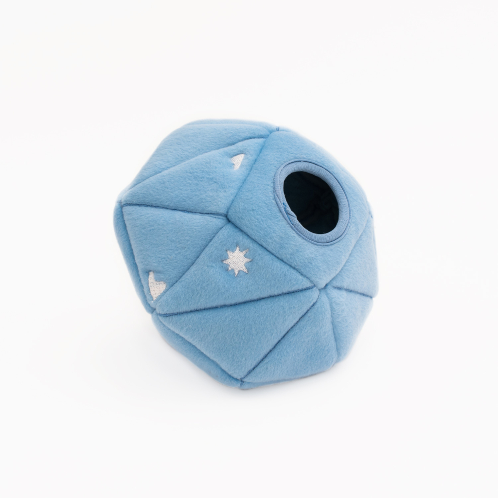 A blue, geometric, soft Zippy Burrow® - Diamond Paws with white star patterns and an opening.