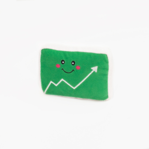 A green rectangular Squeakie Pattiez - Stock Chart with a smiling face and a white upward trending arrow design on its front.