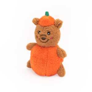 A Halloween Cheeky Chumz - Pumpkin Bear wearing an orange pumpkin costume with a green stem on top. The bear has a smiley face and is posed sitting upright on a plain white background.