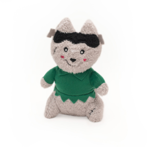 A Halloween Cheeky Chumz - Frankenstein Wolf resembling a gray dog with black eyes, a pink mouth, and a green outfit. The dog has blush marks on its cheeks and stitching details on its legs and chest.