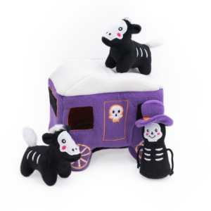 Stuffed toys depicting a black and white skeletal horse, skeleton in a purple hat, and a hearse-shaped purple carriage with skull designs Halloween Burrow® - Haunted Carriage.