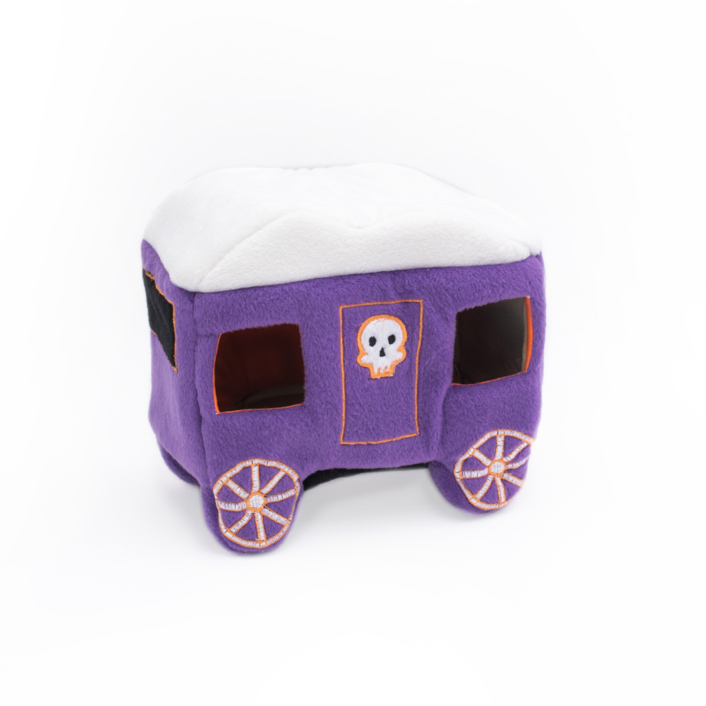 A Halloween Burrow® - Haunted Carriage with a white top features a skull emblem on the front and wheel designs on the sides.