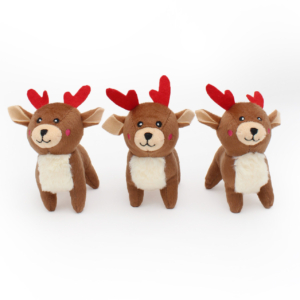 Three Holiday Miniz 3-Pack Reindeer with red antlers and white bellies are standing in a row against a plain white background.