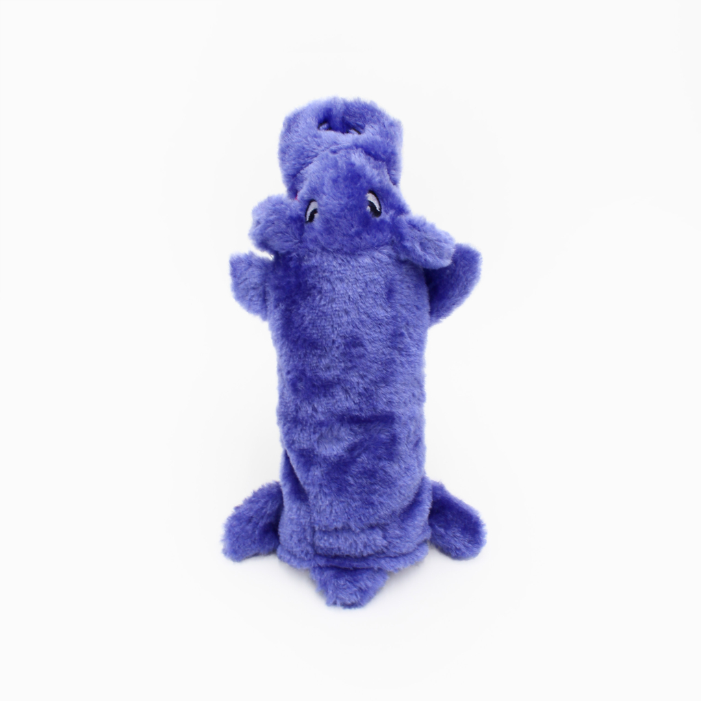 A plush purple toy resembling an elephant, standing upright on a white background.