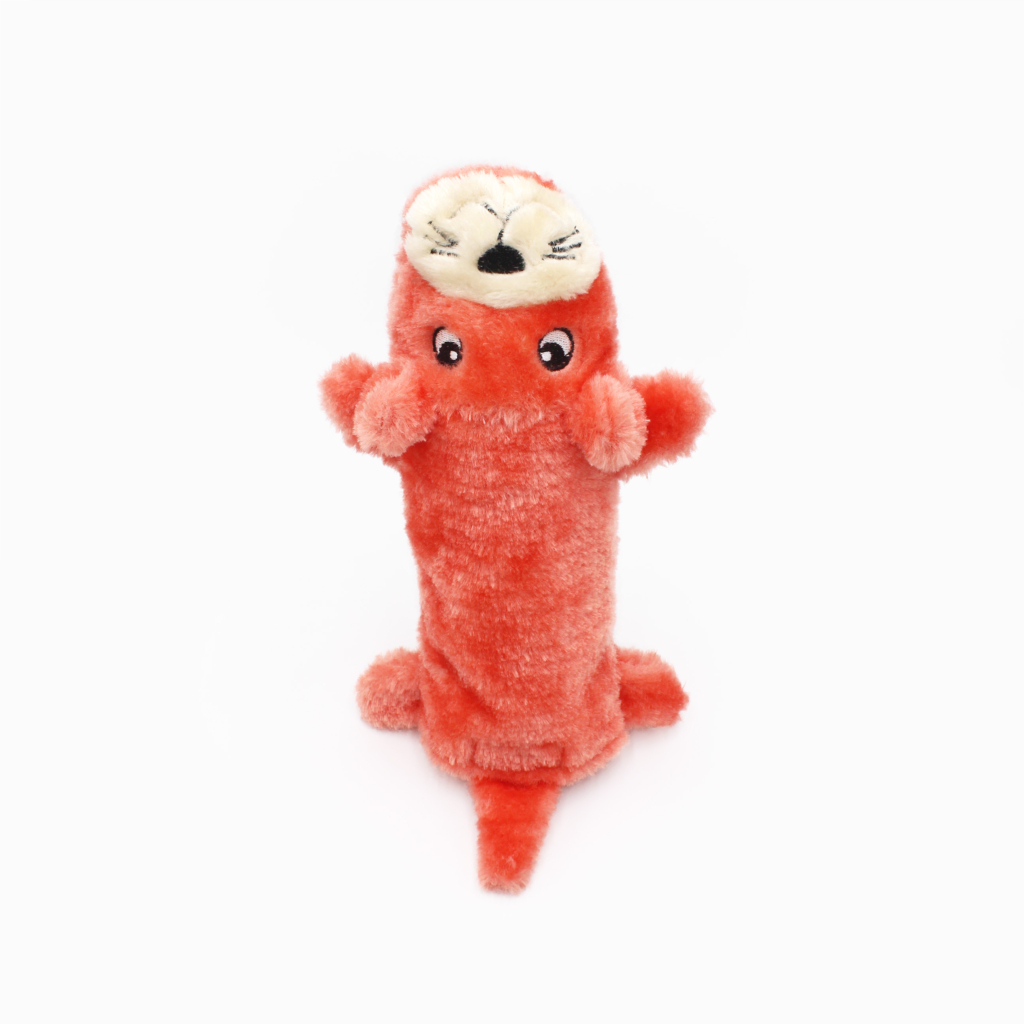 A plush toy resembling an orange otter standing upright with its front paws raised, staring directly ahead.