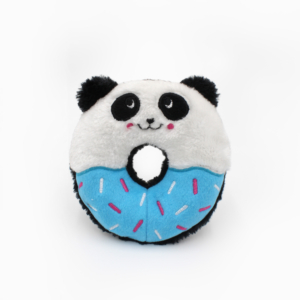 A plush toy designed to look like a blue frosted donut with a panda face on top, featuring black ears, eyes, and a small smile.