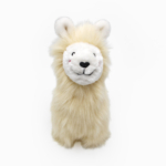 Plush toy resembling an alpaca, with cream-colored fur and a smiling face, set against a plain white background.