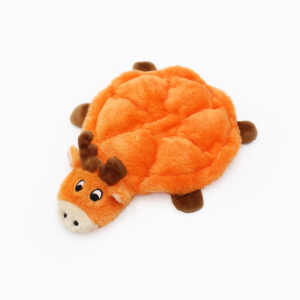 Plush toy in the shape of an orange and brown reindeer with short limbs, lying flat.