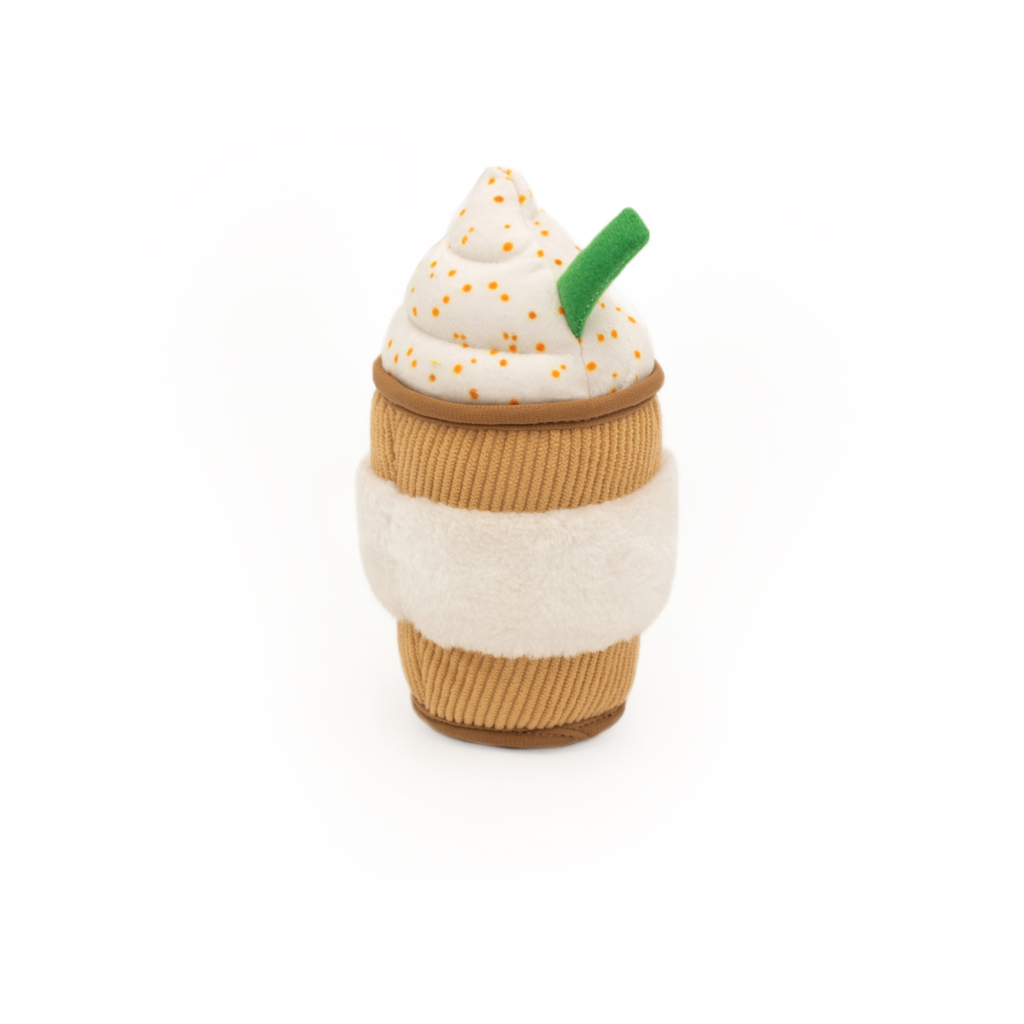 NomNomz® - Puppuccino designed to look like a coffee cup with whipped cream on top, a green straw, and a white fuzzy sleeve around the middle.