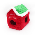 Red and green Holiday Burrow® - Santa's Workshop with white text reading "Santa's Workshop" and two circular openings.