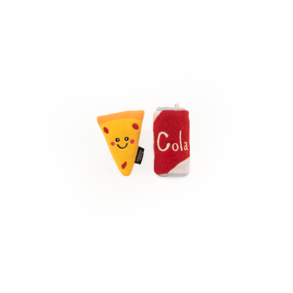 Two ZippyClaws® NomNomz® - Pizza and Cola: one shaped like a slice of pizza with a smiling face, and the other resembling a red and silver can labeled "Cola." Both toys are positioned on a white background.