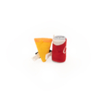 Two stuffed toys: one shaped like a slice of cheese with a yellow and orange color, and the other a red and silver soda can with printed text, ZippyClaws® NomNomz® - Pizza and Cola.