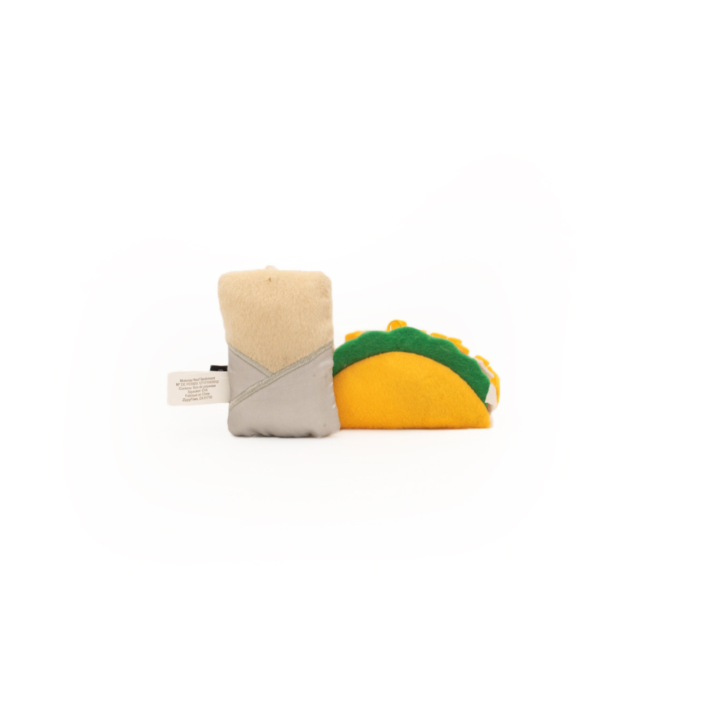A ZippyClaws® NomNomz® - Taco and Burrito placed side by side on a plain white background.