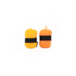 Two neatly rolled and secured ZippyClaws® NomNomz® - Sushi, one yellow and one orange, each with a black strap and a loop for carrying.
