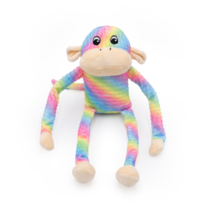 A Spencer the Crinkle Monkey - Large Rainbow resembling a monkey with a rainbow-colored body, beige face, hands, and feet, and wide, expressive eyes.