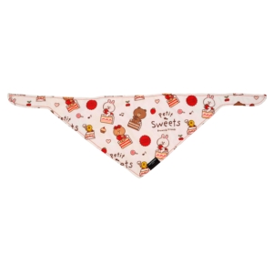A LINE FRIENDS Bandana - Petit Sweets featuring cartoon animals and desserts with text "Petits Sweets" on a white background. The illustrations include rabbits, teddy bears, cakes, and red flowers.