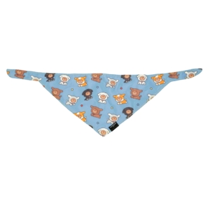 A blue triangular LINE FRIENDS Bandana - Puppy BROWN Party featuring a pattern of cartoon sheep in various colors.