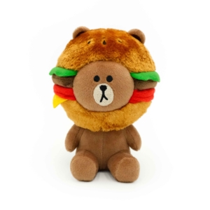 LINE FRIENDS BROWN Plush - Burger Time wearing a hamburger costume with lettuce, tomato, and cheese.
