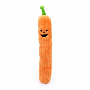 A long, Halloween Jigglerz® - Pumpkin with a smiling face and a green stem on top.