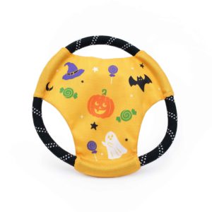 A yellow Rope Gliderz - Halloween featuring images of a witch hat, pumpkin, bat, ghost, candy, and stars, with black and white polka-dotted handles on the sides.