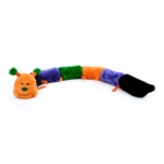 A Halloween Caterpillar - Deluxe with 7 Squeakers with a smiling face, segmented in green, orange, purple, and black sections, with orange legs and green antennae, on a white background.