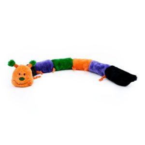A Halloween Caterpillar - Deluxe with 7 Squeakers with a smiling face, segmented in green, orange, purple, and black sections, with orange legs and green antennae, on a white background.
