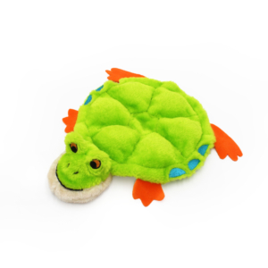 A Squeakie Crawler - Toby the Tree Frog with an orange shell and limbs, featuring blue spots and a smiling face, lying on a white background.